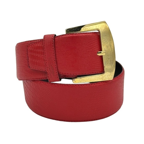 Wide Lizard Embossed Red Leather Belt With Gold Toned Buckle Vintage Size 31 - Picture 1 of 6